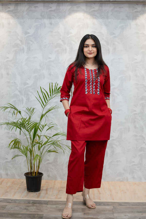 Red Applique Kurta pant set