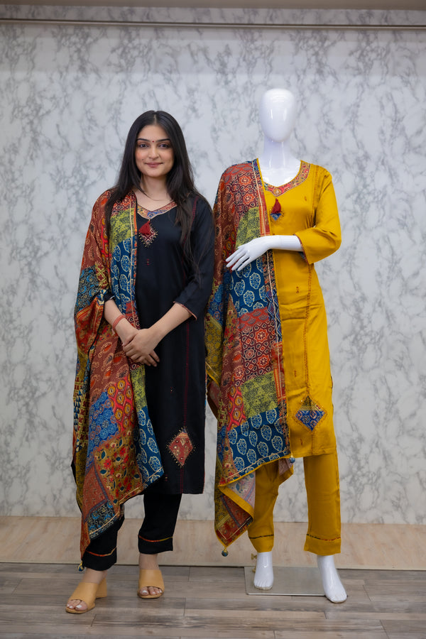 Black & Yellow Modal Gaji Silk Kurti with Traditional Dupatta set