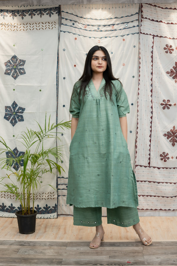 Light Sky-Blue Bhagalpuri 'A' Line Kurta & Mirror Work Yog with Culottes.