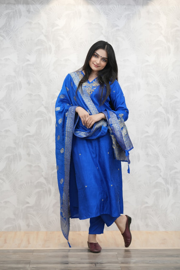 Solid True Blue Handwork yog kurti with Trousers & Dupatta