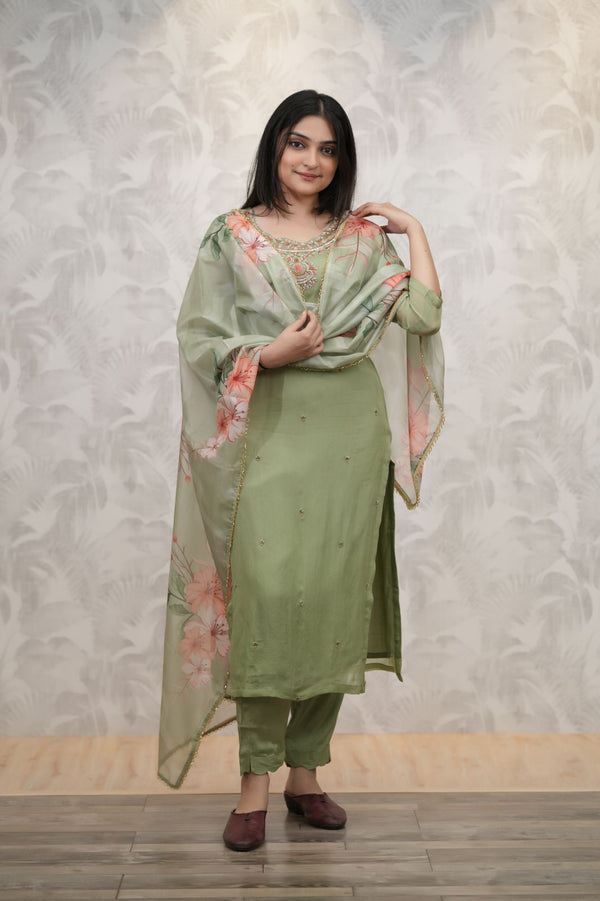 Soft Pista Handwork kurti with Digital Dupatta Set