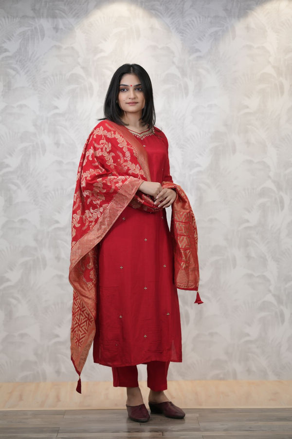 Red Straight Kurta with Beautiful ' V ' Neck Trousers & Dupatta