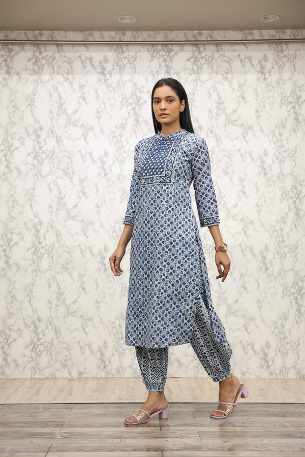 Indigo Pure Handblock Kurti with Afghani Bottom