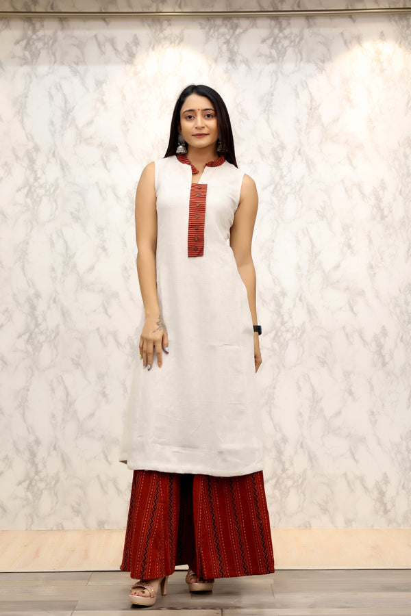 Fancy Sleeve less Kurti with pure hanblock big kali plazzo Set