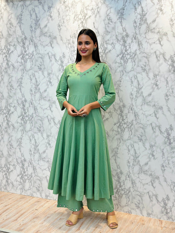 pista color hand block Anarkali kurti with Mirror neck yog with culottes pants color bottom