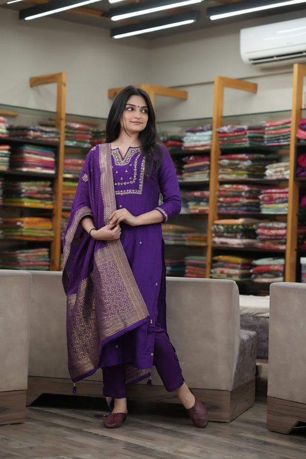 Hot Purple Color Handwork Kurti with Pant Dupatta Set