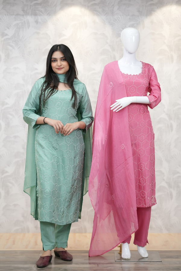 Light Pista & Pink Colour Pure Dola Silk Kurti in Ganth Work with Pant Dupatta Set